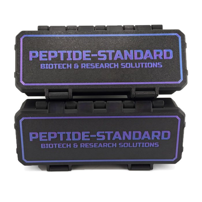 Two black vial cases with a customer's two-line brand name and a border printed into the lid in blue-purple colour-shift silk